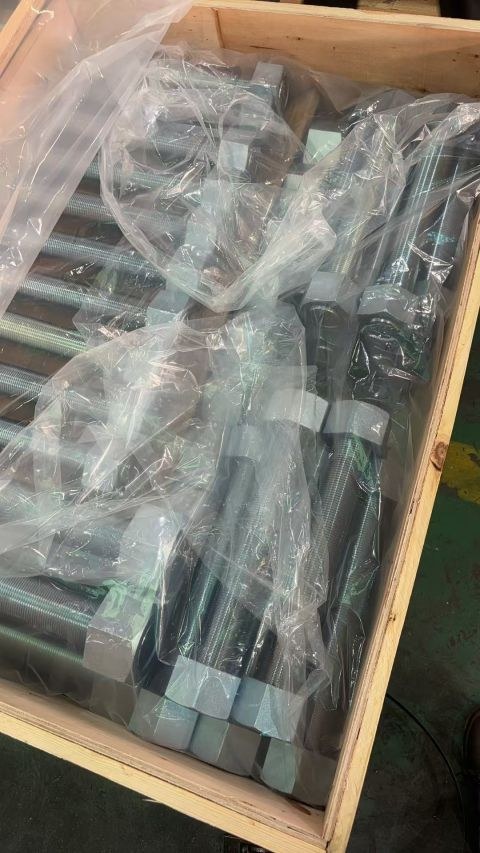 Zinc plated B7 stud bolts and 2H heavy hex nuts packed in a timber crate for ocean freight